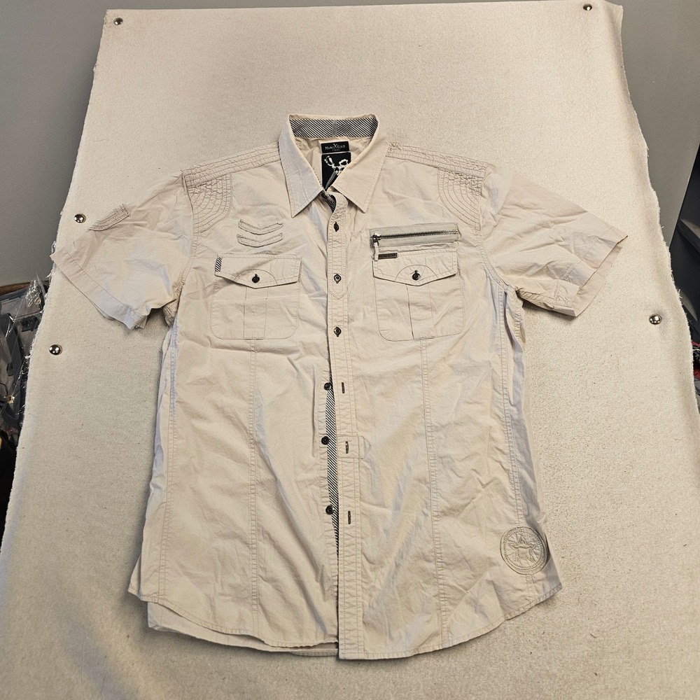 Marc Ecko Cut & Sew Mens XL Tan Khaki Short Sleeve Button Down Utility Shirt